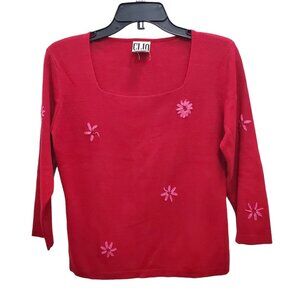 Clio Women's Vintage 90s Red Silk Blend Retro Floral Applique 3/4 Sweater Size M